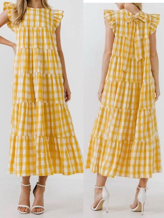 English Factory Dresses & Skirts - English Factory Sweet gingham yellow tiered baby doll maxi dress size M